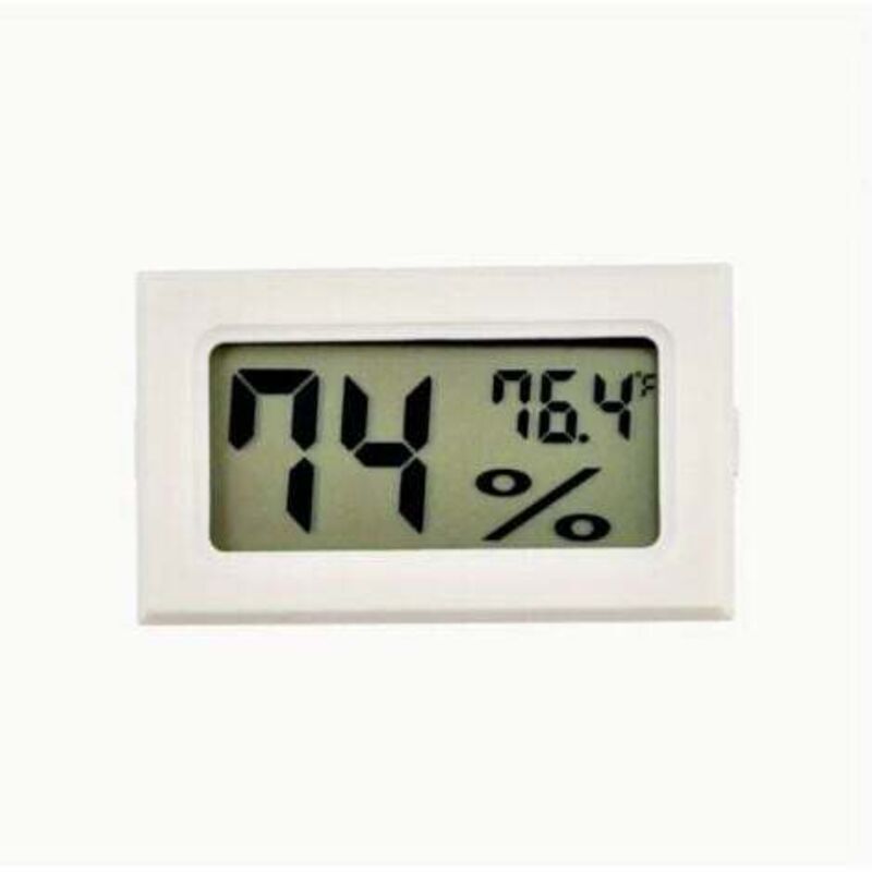 Mini-Digitalthermometer und Hygrometer in Weiß zur Überwachung von Temperatur und Luftfeuchtigkeit in Innenräumen – Anzeige in Fahrenheit (℉).