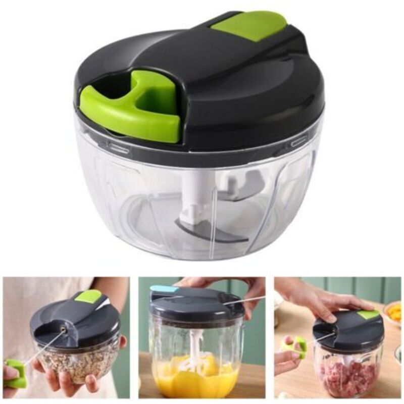 Mini-Handzerkleinerer mit Schnur-Handmixer, manueller Zwiebelschneider für Zwiebeln, Knoblauch, Fleisch, Gemüse, graugrün, 520 ml