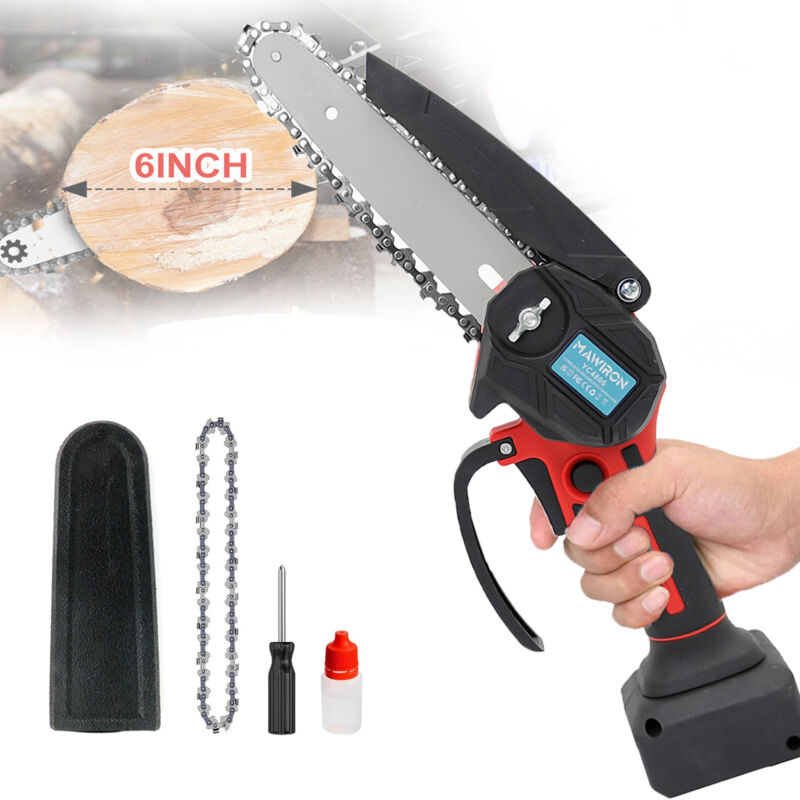 Mini-Kettensäge kabellos 6 Zoll, elektrische Säge Akku-Kettensäge mit 2 Ketten, zum Fällen von Bäumen, Holz schneiden, Baum (ohne Akku), kompatibel