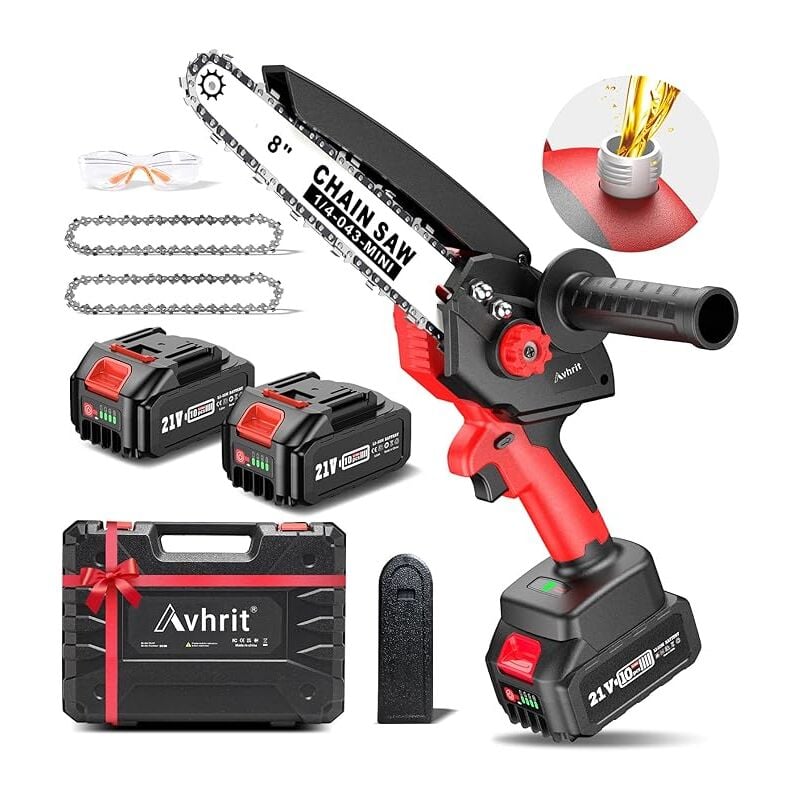 Mini Kettensäge mit 8000 mAh Akku, Avhrit 8 Zoll Bürstenlose Akku Kettensäge mit Schmiersystem, 2 Batterien und werkzeugloser Kettenspannung,