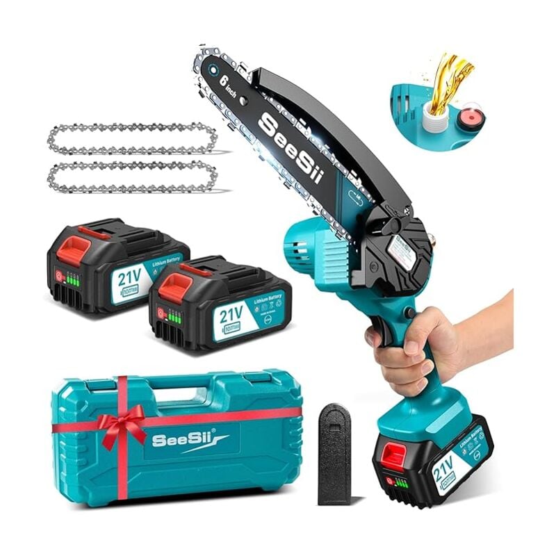 Mini Kettensäge mit Akku 8000mAh 6 Zoll Seesii Mini Kettensäge Elektro mit Automatischer Öler und 2 Akku 4000mAh, Handkettensäge Akku für