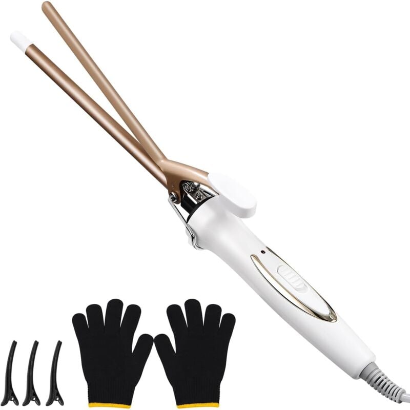 Mini-Lockenstab aus Turmalinkeramik, 9 mm, 120–220 °C, schnelles Aufheizen in 30 Sekunden, inklusive 1 Paar Handschuhe und 3 Haarnadeln