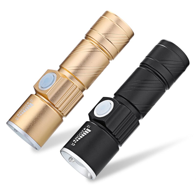 Alovez - Mini-USB-Taschenlampe, Aluminiumlegierung, LED-Taschenlampe, starkes Licht, wiederaufladbare Taschenlampe, Gold + Schwarz
