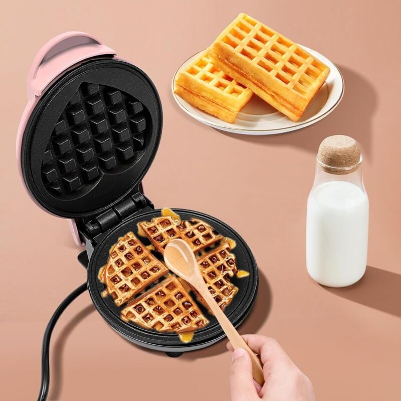 Mini-Waffeleisen in Herzform, kleines Waffeleisen aus Edelstahl mit Antihaftbeschichtung, Pfannkuchenmacher für Kinderwaffeln, Geburtstage (Pink)
