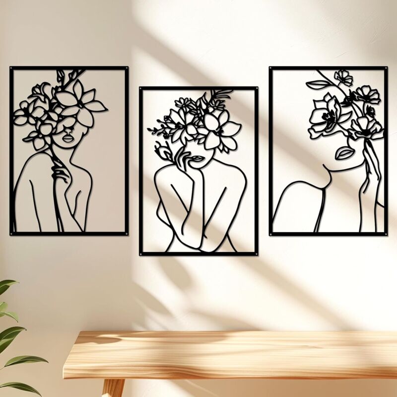 Minimalistische Wanddekoration aus schwarzem Metall, 3 Stück, moderne abstrakte weibliche Kunst, für Schlafzimmer, Wohnzimmer, Badezimmer, Galerie