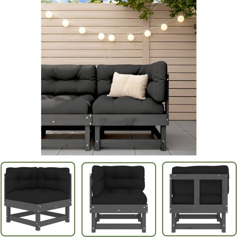 The Living Store Ecksofa mit Kissen Grau Massivholz Kiefer - Gartensofa - Eckcouch - Lounge Möbel - Gartenlounge - Holzsessel