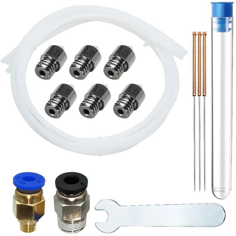 MK8-Düse, 6-teilig, gehärteter Stahl, 1,0 mm Düse für 1,75 mm Filament, Ender 3 mit PC4-M6-M10 (1P + 1P), 3 x 1 m Teflonschlauch, 3 x 1,0 mm