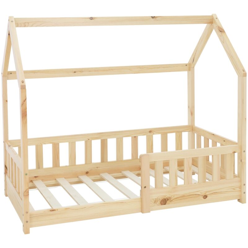 ML-Design Kinderbett 70x140 cm mit Rausfallschutz, Dach und Lattenrost, Natur, Massivholz Kinder Bett, Hausbett für Mädchen/Jungen, Bettenhaus aus