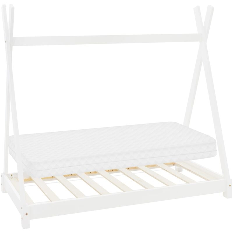 Kinderbett Tipi 70x140 cm Weiß mit Matratze & Lattenrost, Indianer Bett aus Kiefernholz, Hausbett für Mädchen & Jungen, Bodenbett Kinderhaus