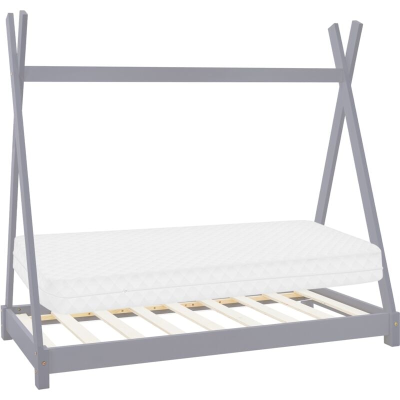 Kinderbett Tipi 80x160 cm Hellgrau mit Matratze & Lattenrost, Indianer Bett aus Kiefernholz, Hausbett für Mädchen & Jungen, Bodenbett Kinderhaus