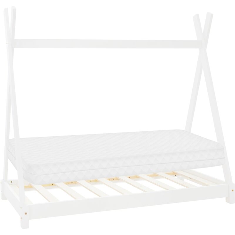 Kinderbett Tipi 80x160 cm Weiß mit Matratze und Lattenrost, Indianer Bett aus Kiefernholz, Hausbett für Mädchen und Jungen, Bodenbett Kinderhaus