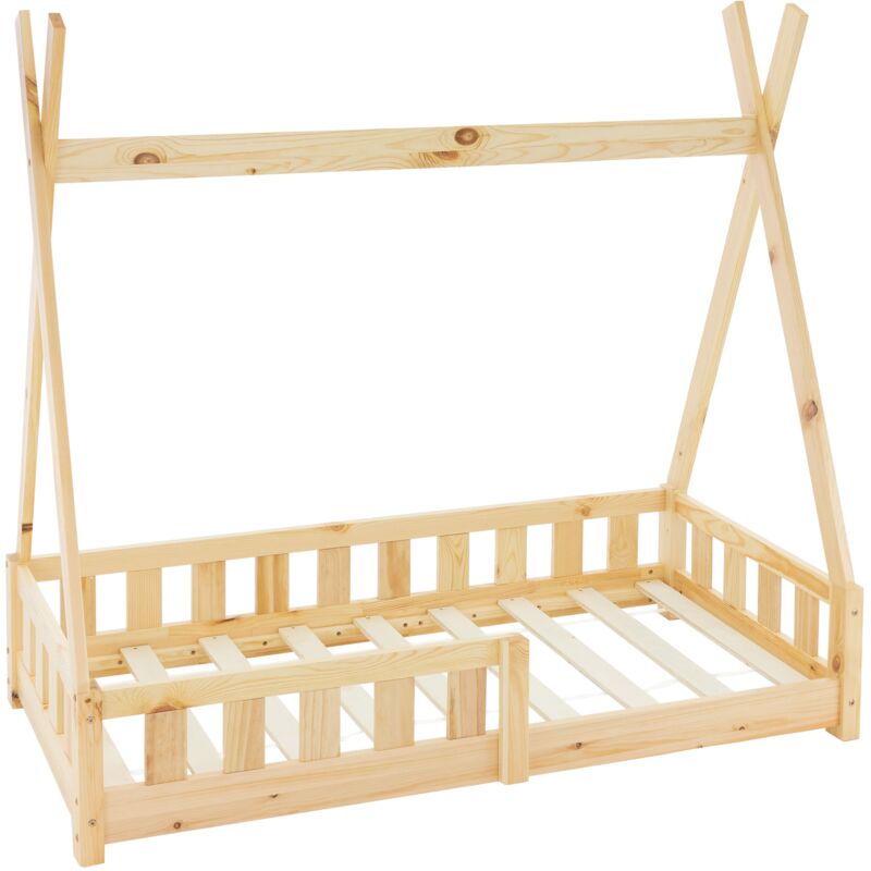 Kinderbett Tipi 70x140 cm Natur mit Rausfallschutz und Lattenrost, Indianer Bett aus Kiefernholz für Mädchen & Jungen, Hausbett mit Zaun, Kinderhaus
