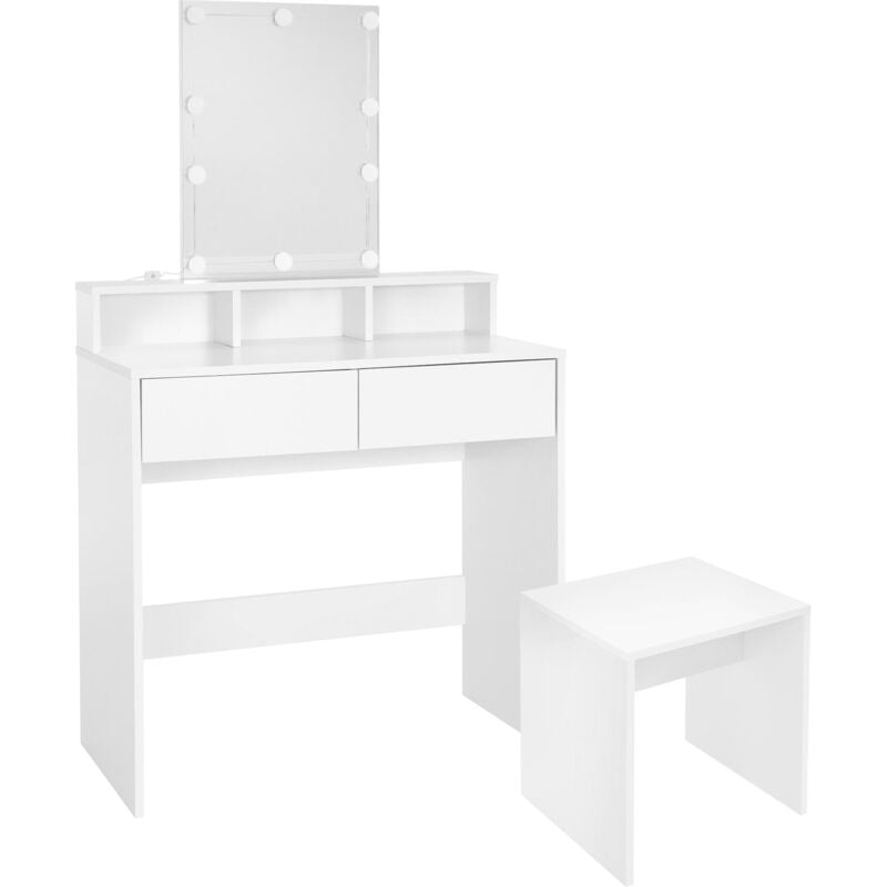 ML-Design Schminktisch mit LED-Beleuchtung, Frisiertisch mit Hocker, Spiegel, 2 Schubladen, 80x40x140 cm, Weiß, Moderne Kosmetiktisch mit 3 offenen