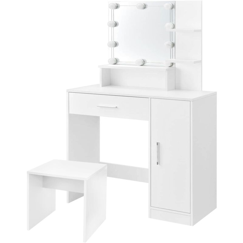 Ml-design - Schminktisch Weiß mit Hocker, Frisiertisch mit LED-Beleuchtung, Spiegel, Schublade, 3 Fächer, Schrank, 90x38x137 cm, Damen & Mädchen