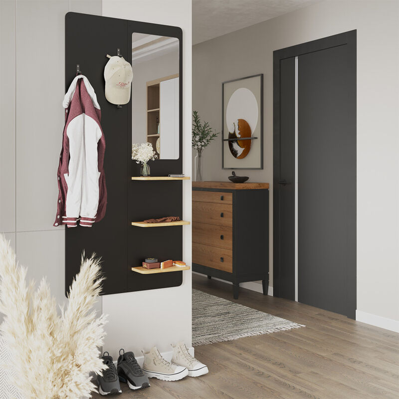 Vicco - Wandgarderobe Jochen, Schwarz/Eiche, 70 x 150 cm mit Spiegel