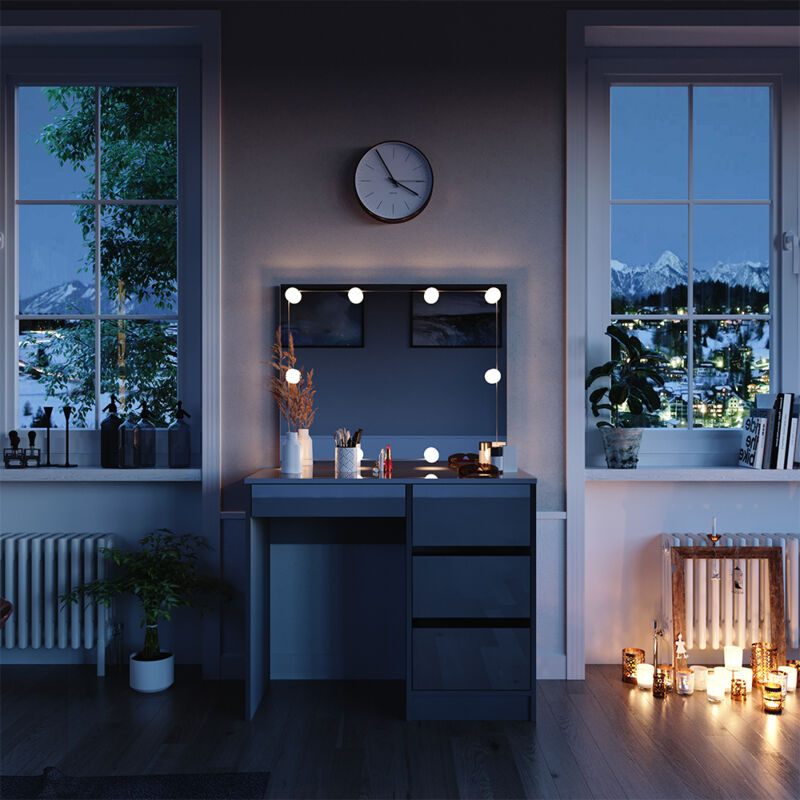 Schminktisch Sherry, Grau, 90 cm mit led Beleuchtung und Hocker Vicco