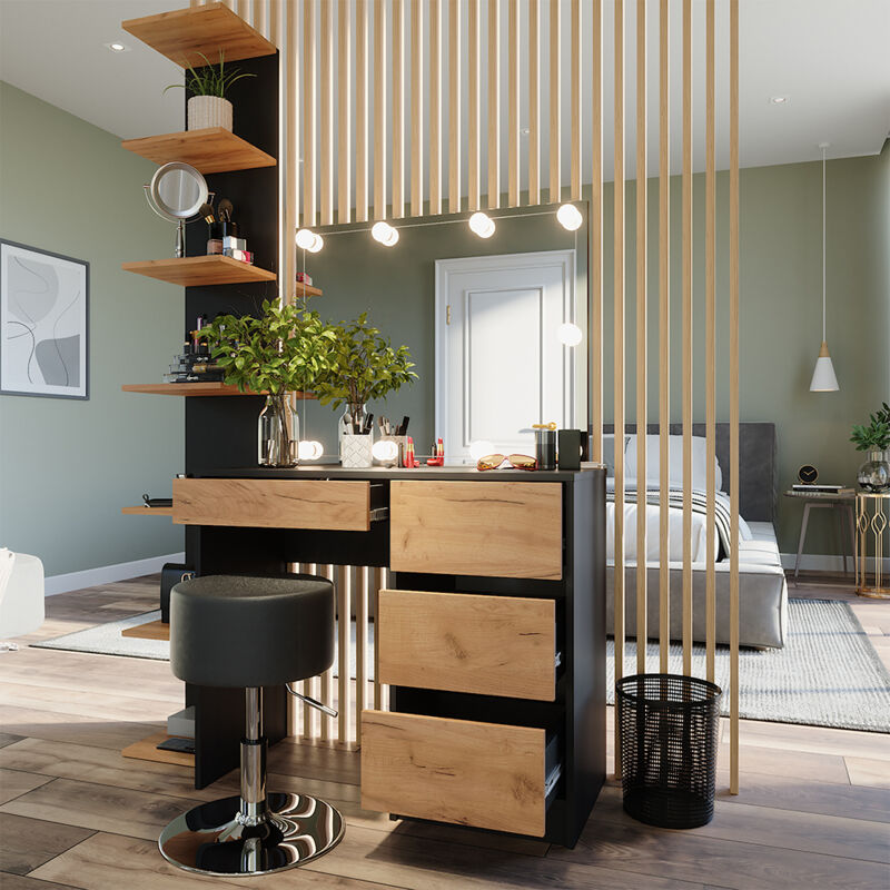 Schminktisch Sherry, Anthrazit/Goldkraft Eiche, 90 x 75 cm mit Spiegel, LED-Beleuchtung & Hocker Vicco