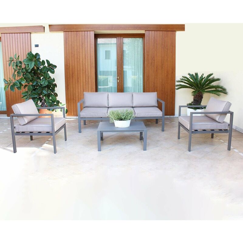 Moderne Aluminium Gartenlounge 'Cubo' mit Kissen für Garten und Veranda -5 Sitzer / Taupefarben