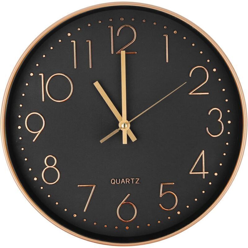 Moderne, geräuschlose Quarz-Wanduhr, 25 cm, runde Wanduhr mit übergroßen Ziffern (Roségold)