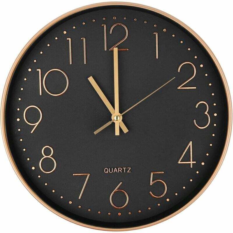 Moderne, geräuschlose Quarz-Wanduhr 25 cm, runde Wanduhr mit übergroßen Ziffern (Roségold)