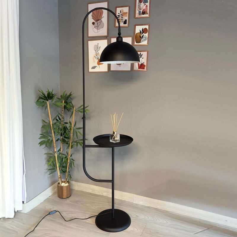 Moderne Stehlampe aus Schwarze Metall mit Tablett und Beweglichem Kopf, E27-Sockel, Moderne Stehlampe für Wohnzimmer oder Schlafzimmer