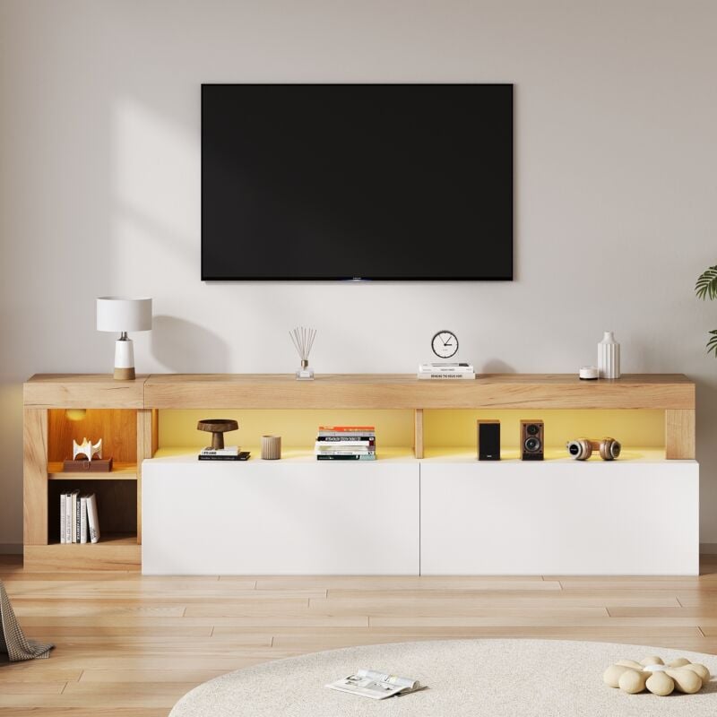 Moderner LED-TV-Ständer, 184 cm, für 80-Zoll-Fernseher – offener Stauraum, Holzrahmen, weiße Schranktür, für Wohnzimmer und Schlafzimmer