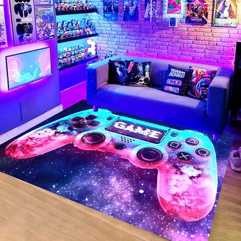 Moderner Schlafzimmerteppich Gamer 3D-Controller Teenager Junge Rutschfester Wohnzimmerteppich Graffiti Spielkonsole Dekor 80 x 120 cm-Neon-Sets-3