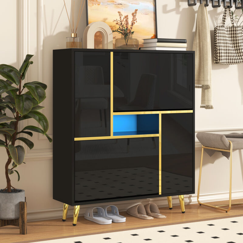 Okwish - Moderner Schuhschrank, schwarzer Schuhschrank mit glänzender Front und 16-farbigem LED-Licht (80 x 25 x 96 cm)