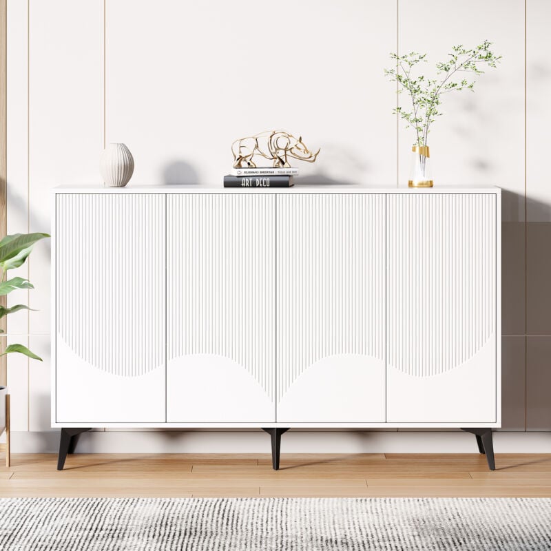 Modernes weißes multifunktionales Sideboard, verstellbare Regale, 4 Türen, hohes Sideboard mit schwarzen Metallbeinen, 160 x 35 x 100 cm