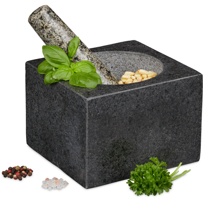 Relaxdays - Mörser mit Stößel, Granit, poliert, für Gewürze & Kräuter, 500 ml, Steinmörser BxT: 14,5 x 14,5 cm, dunkelgrau