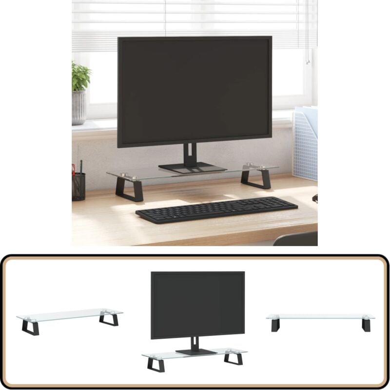 Monitorständer Schwarz 60x20x8 cm Hartglas und Metall - Monitorständer - Computerständer - Laptopständer - Bürobedarf - Ergonomie