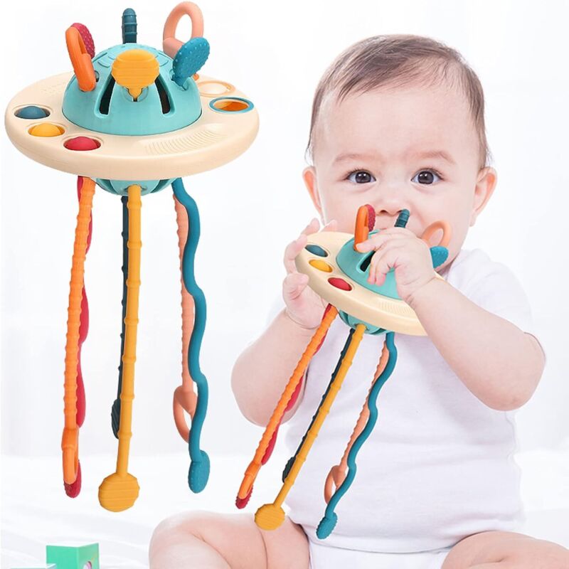 Montessori-Sinnesspielzeug für Babys, fliegendes Objekt mit Silikonschnur, Beißring für Babys von 1-3 Jahren
