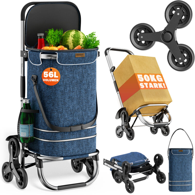 MONZANA® 3in1 Einkaufstrolley klappbar 50 kg Treppensteiger 56L Einkaufshilfe Einkaufsroller blau
