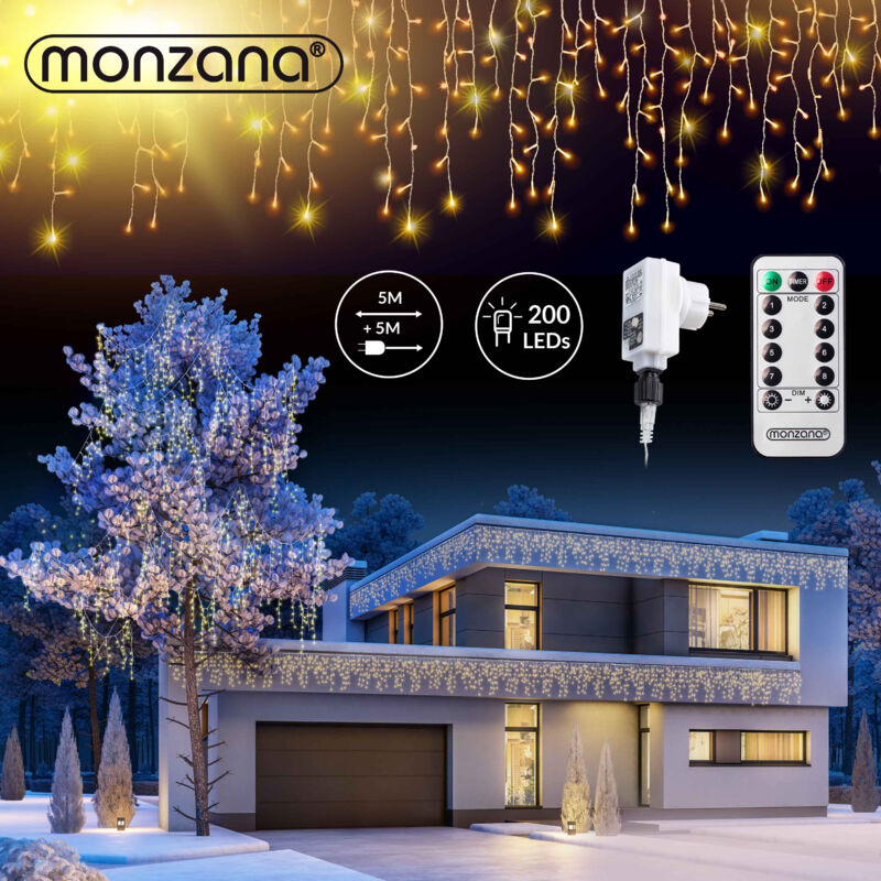 MONZANA® LED Regen Lichterkette warmweiß kaltweiß Innen Außen Eisregen Weihnachtsbeleuchtung Weihnachten Weihnachtsdeko 200 LED warm-weiß