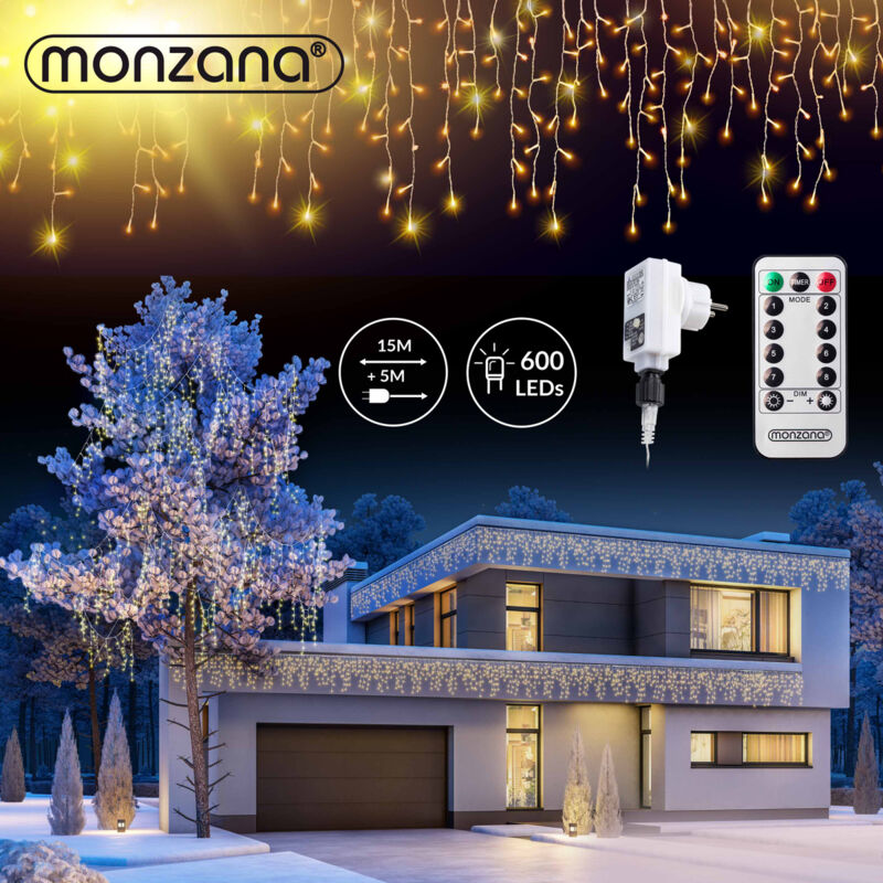 MONZANA® LED Regen Lichterkette warmweiß kaltweiß Innen Außen Eisregen Weihnachtsbeleuchtung Weihnachten Weihnachtsdeko 600 LED warm-weiß