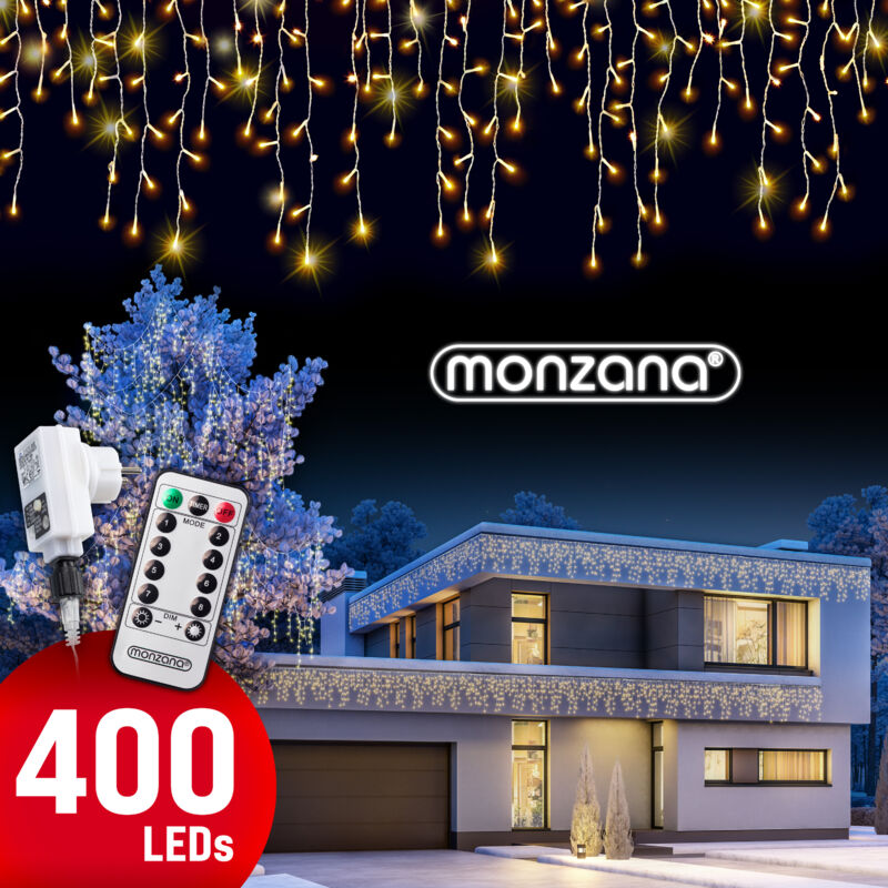 MONZANA® LED Regen Lichterkette warmweiß kaltweiß Innen Außen Eisregen Weihnachtsbeleuchtung Weihnachten Weihnachtsdeko 400 LED warm-weiß