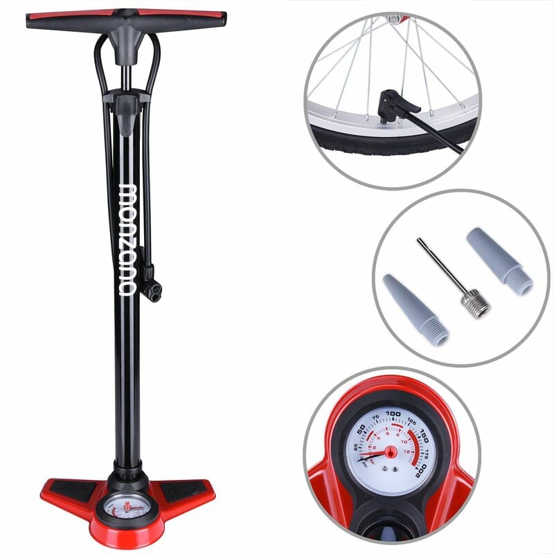 Standluftpumpe inkl 3 Zusatzadapter 60/100 cm Schlauch Luftpumpe bis 7 bar für Fahrrad Auto Luftmatratze Motorrad 12 bar - Monzana