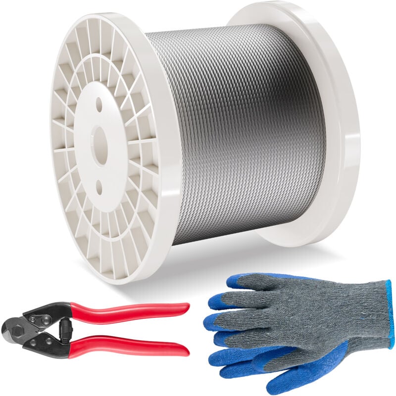 1/8 Zoll 600 Fuß Edelstahl-Drahtseil-Set, 1600 lbs Bruchfestigkeit, 7x7 Konstruktion, Schneider und Handschuhe, für Handläufe, Terrassendielen,
