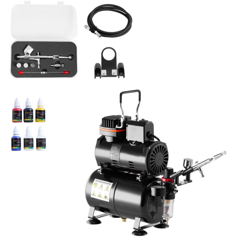 Mophorn Airbrush-Set 1/6 PS mit Luftkompressor und Tank, Dual-Action Airbrush-Pistole mit drei Düsen (0,2/0,3/0,5 mm), Schlauch, Acrylfarben und