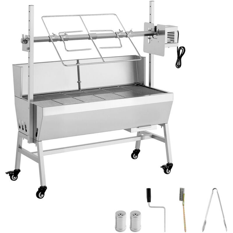 Mophorn Drehspießgrill 38 W mit 94 cm Grilllänge, 60 kg Tragkraft, 7-facher Höhenverstellung und Schutzblech, Edelstahl-Holzkohlegrill für Camping