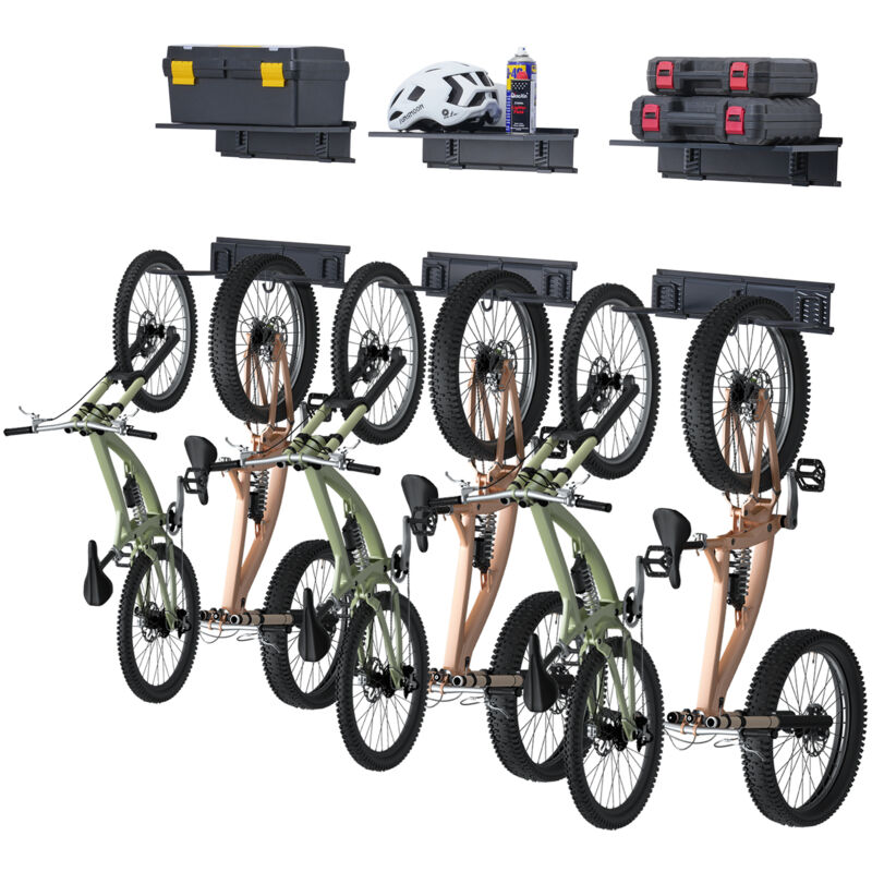 Mophorn - Fahrradständer, 6 Fahrräder, 300 lbs Tragkraft, 48 Zoll Die Ablageflächen bieten zusätzlichen Stauraum für Helme und Fahrradzubehör.