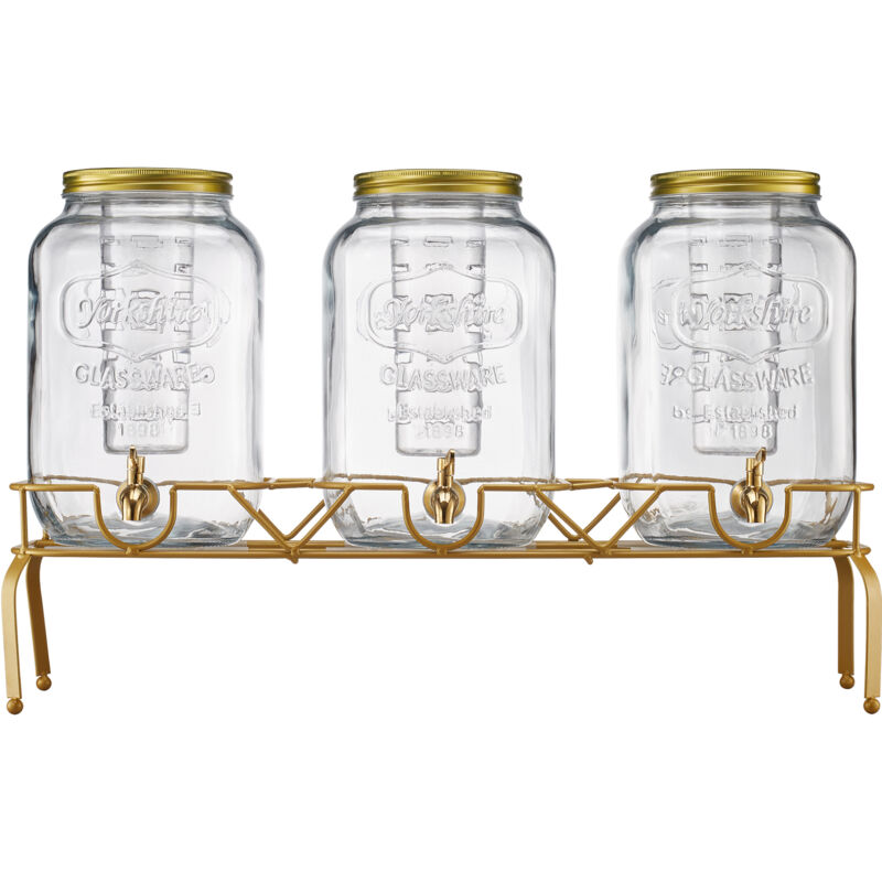 Mophorn Getränkespender (3 x 8 L) aus Glas mit tropfsicherem Zapfhahn und Metallständer – ideal für Partys, Restaurants und selbstgemachte Getränke