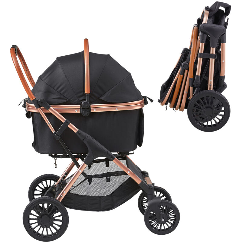 Haustier-Buggy, 4-Rad-Hundebuggy mit Bremsen, 30 kg Tragkraft, abnehmbare Tragetasche, Aufbewahrungskorb, Haustierunterlage, für kleine bis