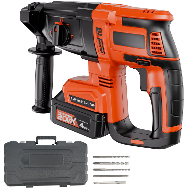 Mophorn Kabelloser 20 V Akku-Bohrhammer mit bürstenlosem Motor, Lithium-Ionen 28 mm SDS-Plus Bohrhammer, Elektro-Leichtbausatz mit Akku, Ladegerät