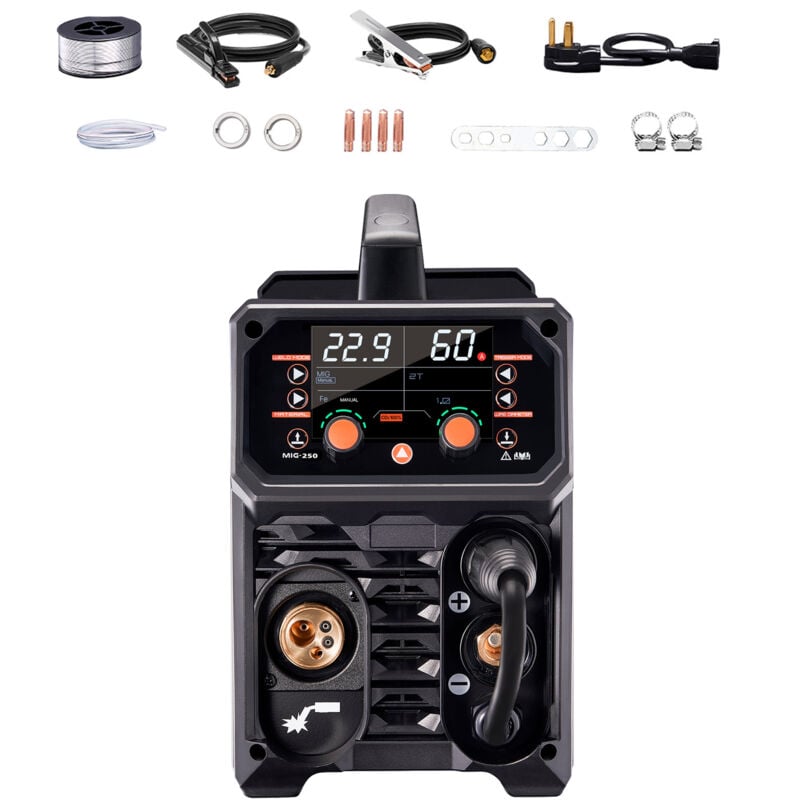 Pro MIG-Schweißgerät, 250-Ampere-Impuls-MIG-Schweißgerät. 5-in-1-Synergic-Schweißgerät mit IGBT-Inverter-Technologie und LCD-Bildschirm.