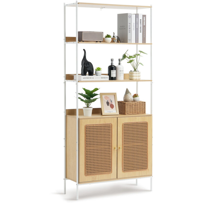 Mophorn Rattan-Bücherregal, 2-türiges Leiterregal, freistehendes Lagerregal, offenes Bücherregal-Organizer für Büro, Bibliothek, Arbeitszimmer,
