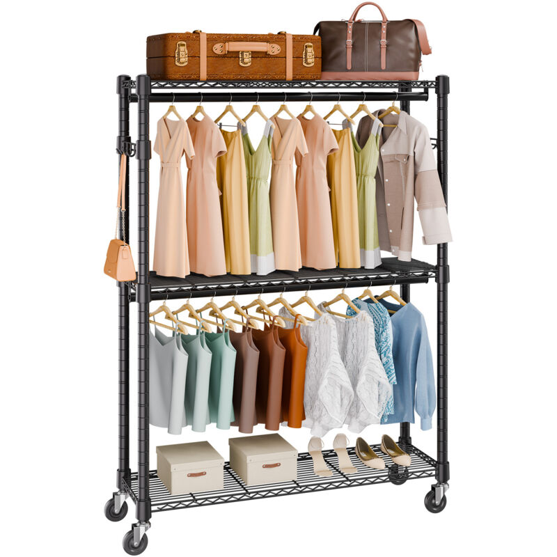 Mophorn - Robuster Kleiderständer, Rollbarer Kleiderständer mit 3 Ebenen, 2 Stangen und 2 Haken, Höhenverstellbar für den Kleiderschrank, 180 kg