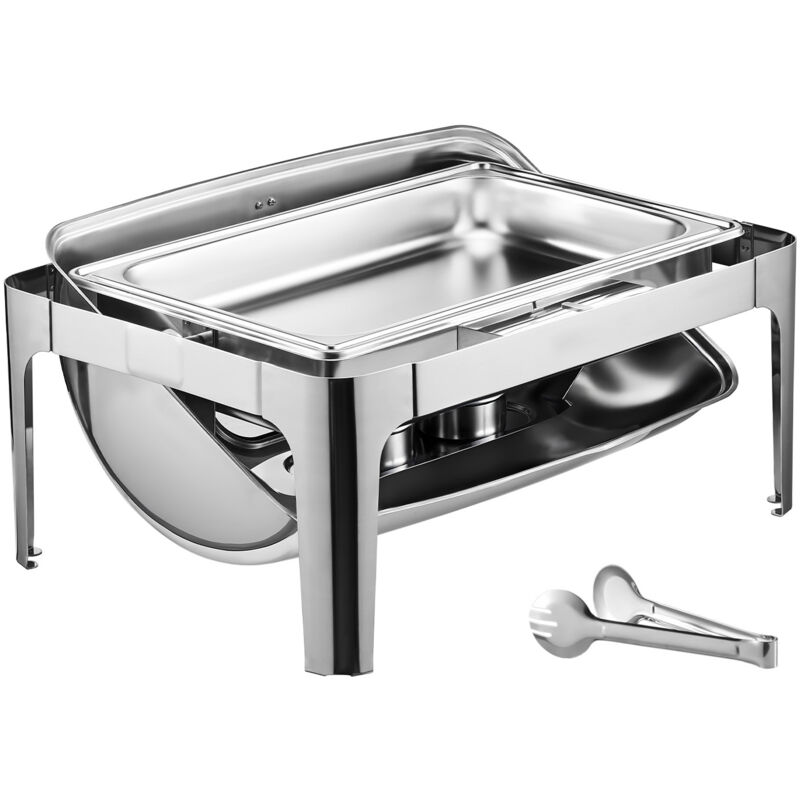 Rolltop-Chafing-Dish-Set, 9 Qt Edelstahl-Chafing-Dish mit 2 halbgroßen Pfannen, rechteckiger Catering-Wärmer mit Deckel und Brennstoffhalter, Silber