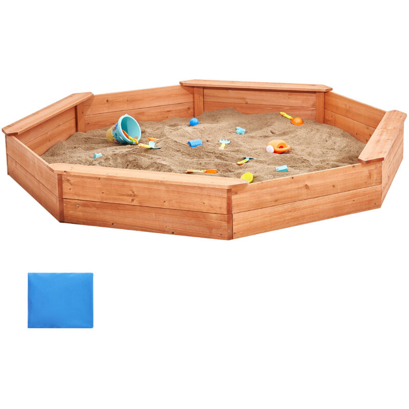 Mophorn - Sandkasten aus Holz mit Abdeckung, 75,6 x 75,6 x 9,1 Zoll, achteckiger Sandkasten, Kindersandkasten mit 4 Sitzplätzen und Bodenauskleidung