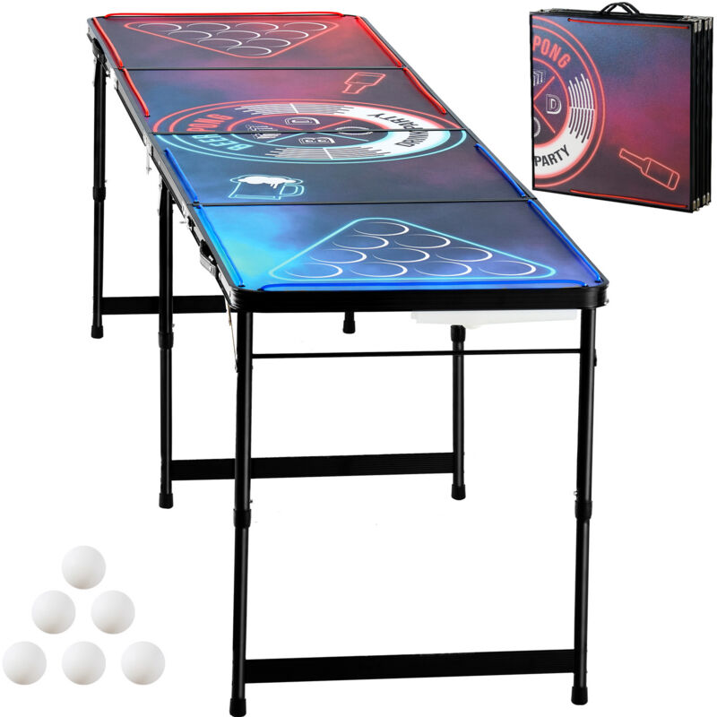 Mophorn - Tragbarer Bier-Pong-Tisch, 2,44 m, LED-Beleuchtung, zusammenklappbar, mit Tragegriffen und 6 Pong-Bällen, höhenverstellbar, für Büro,